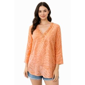 Hearts‎ of Palm Women's Size 8 Orange Tropical Beaded Tunic Blouse 3/4 Sleeve